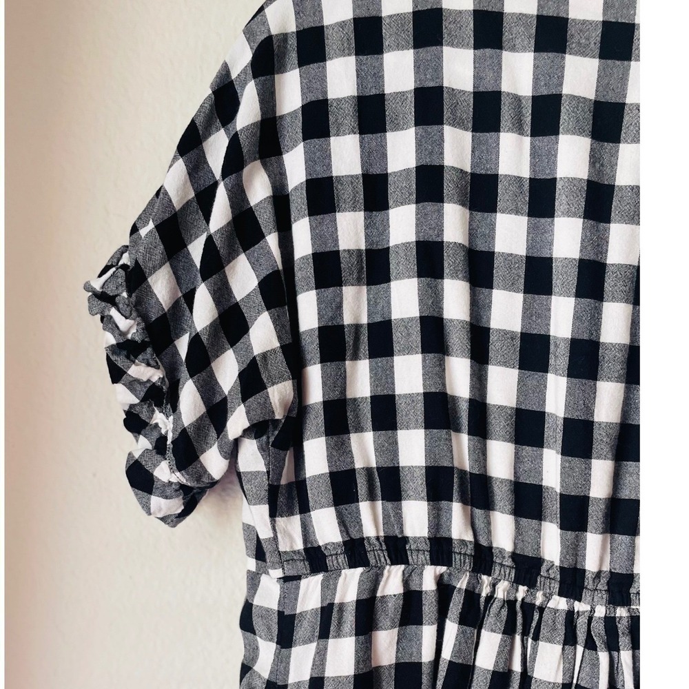 Downeast Black White Gingham Plaid Babydoll Dress Ruffle Sleeve Pockets Size L - Picture 6 of 16